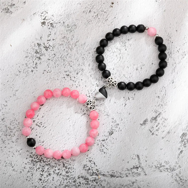 Natural Stone Love Heart Magnetic Bracelet Set Charm Peach Beaded Jewelry