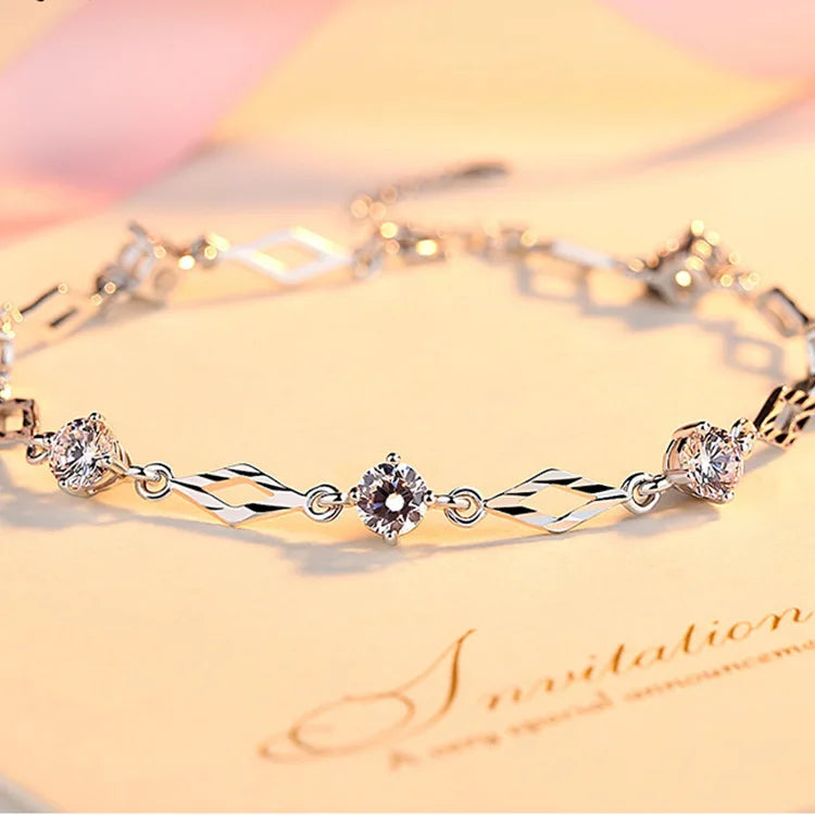 Geometric Bridal Bracelet Silver Crystal Chain Wedding Jewelry