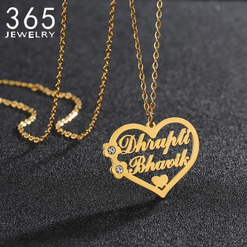 Custom Heart Name Necklace with Zircon Inlay - Romantic Jewelry