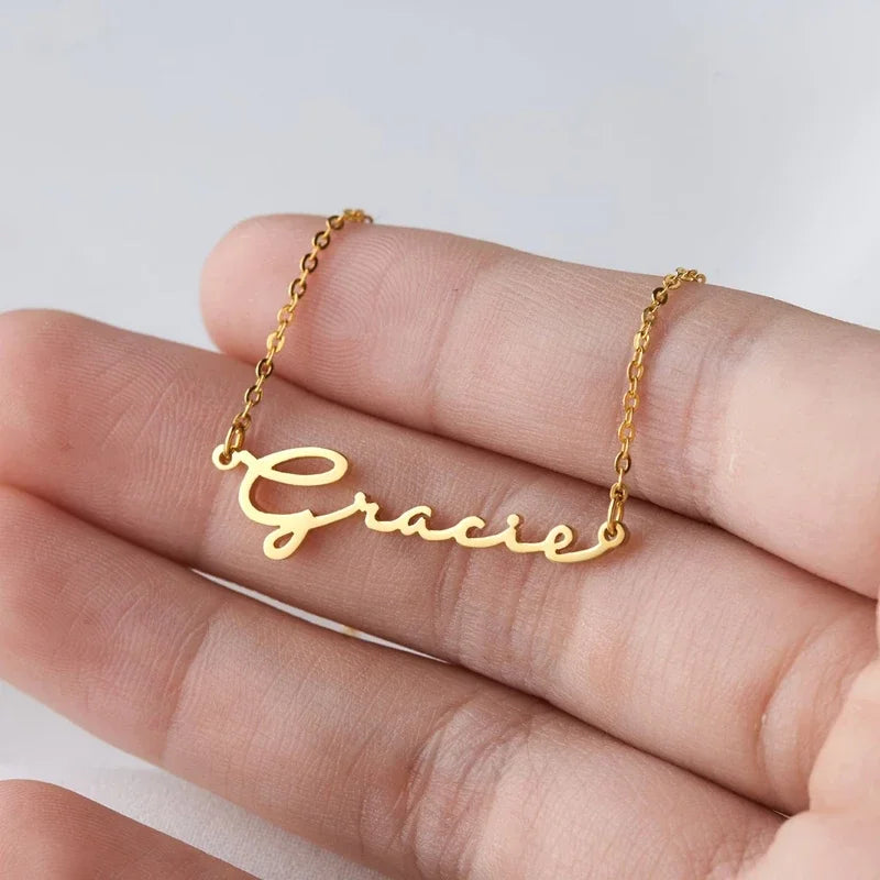 Custom Handwriting Name Necklace - Stainless Steel Signature Font Nameplate