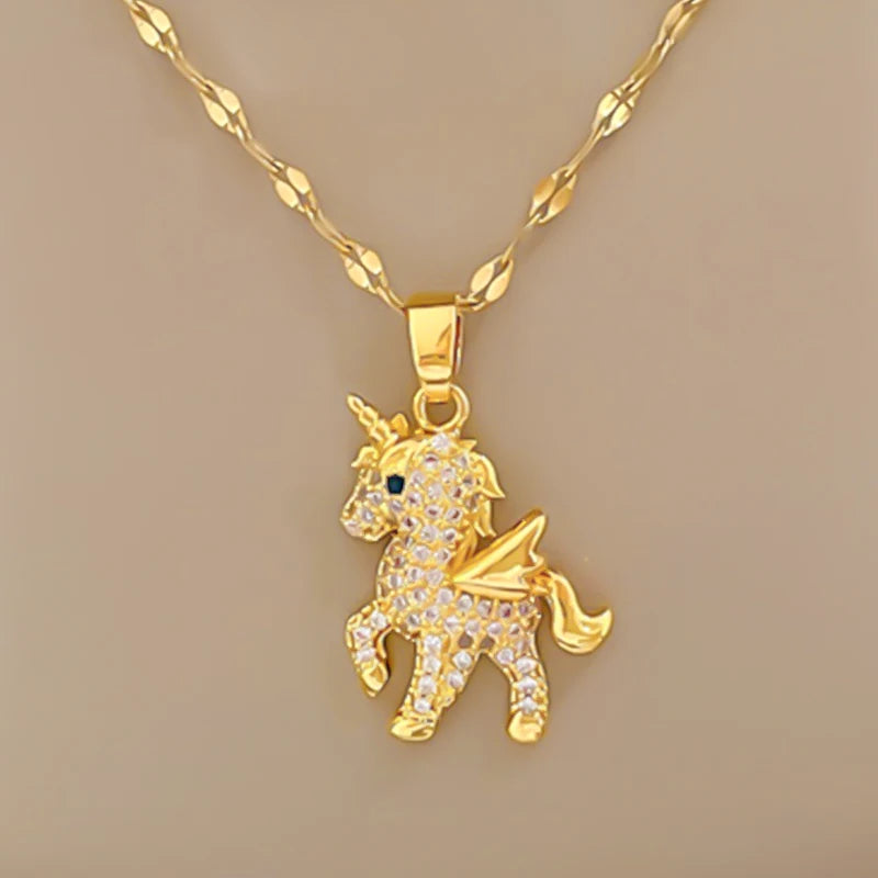 Unicorn Pendant Necklace Titanium Stainless Steel 18k Plated Chain Gift