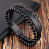 Leather Woven Beaded Bracelet Charm Man Bracelet Retro Jewelry