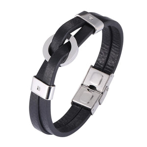 Double Layer Leather Hand Bracelet Stainless Steel Bangles Gift