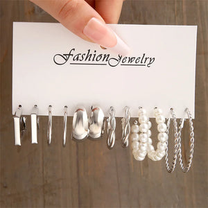 Silver Pearl Circle Hoop Earrings Set Gift