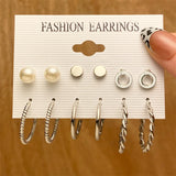 Silver Pearl Circle Hoop Earrings Set Gift