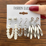 Silver Pearl Circle Hoop Earrings Set Gift