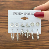 Silver Pearl Circle Hoop Earrings Set Gift