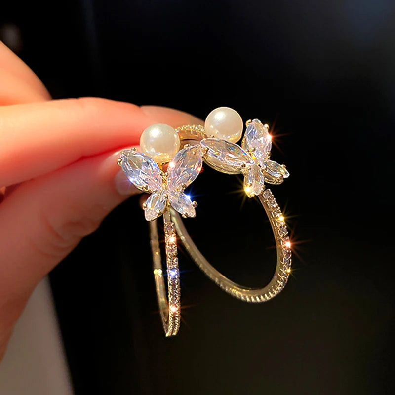 14K Crystal Butterfly Hoop Earrings S925 Silver Zircon Gift