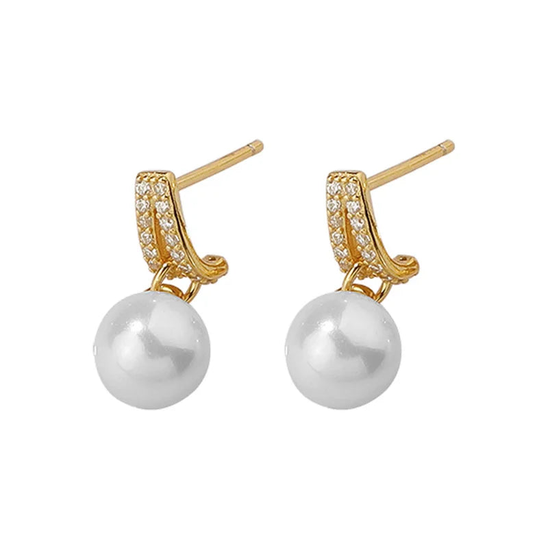 Zircon Shell Pearl Stud Earrings 925 Sterling Silver Women Jewelry