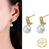 Zircon Shell Pearl Stud Earrings 925 Sterling Silver Women Jewelry
