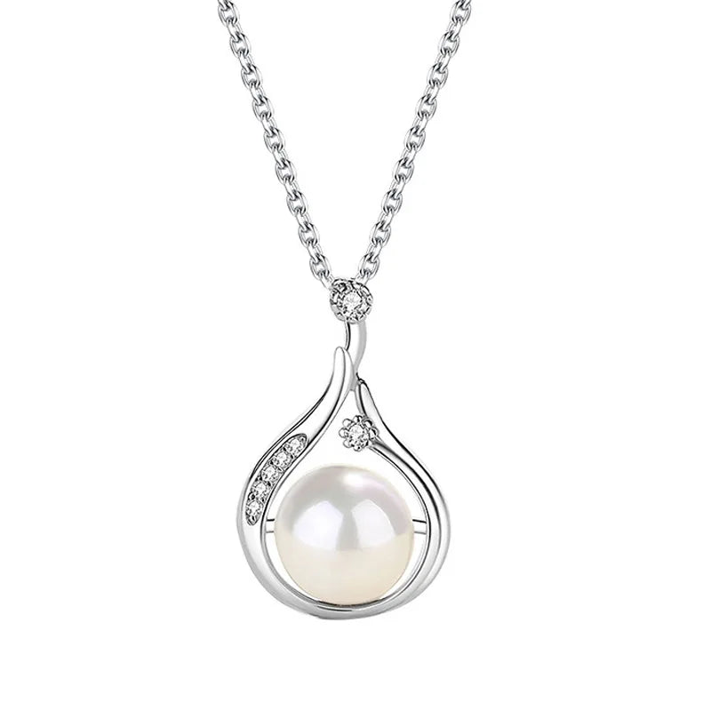 925 Sterling Silver Water Drop Necklace Zircon Shell Pearl Plated