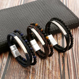 Leather Bangle Multilayer DIY Tiger Eye Stone Beads Bracelet