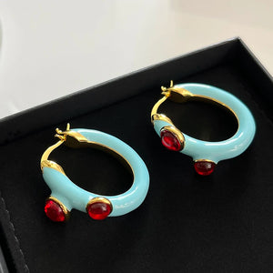 Retro Medieval Enamel Buckle Earrings with Red Agate