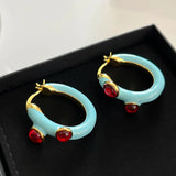 Retro Medieval Enamel Buckle Earrings with Red Agate