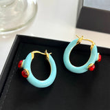 Retro Medieval Enamel Buckle Earrings with Red Agate