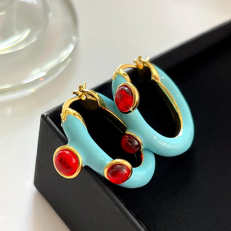 Retro Medieval Enamel Buckle Earrings with Red Agate