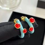 Retro Medieval Enamel Buckle Earrings with Red Agate