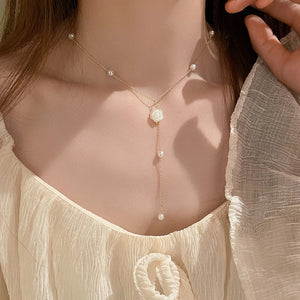14K Gold Plated Flower Pearl Pendant Necklace for Women