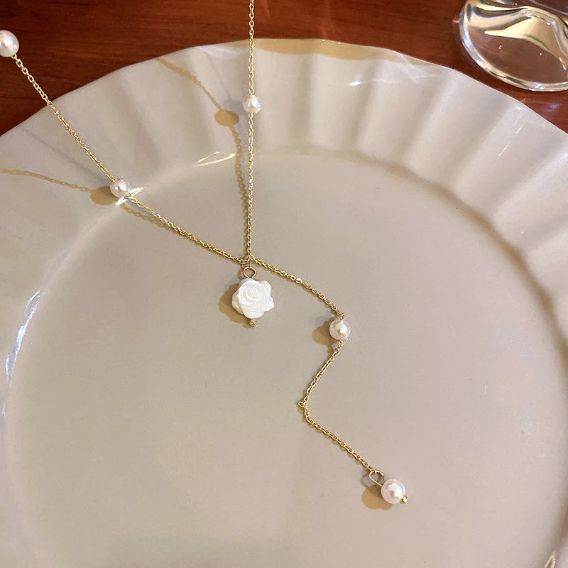 14K Gold Plated Flower Pearl Pendant Necklace for Women