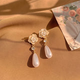 14k Plated Camellia Flower Pearl Earrings for Women