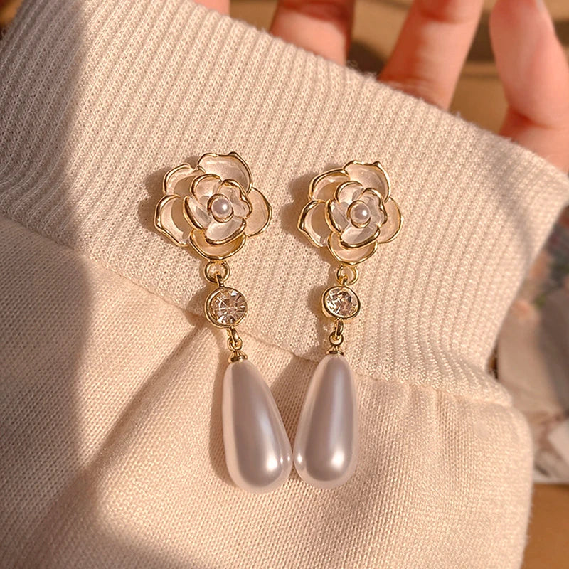 14k Plated Camellia Flower Pearl Earrings for Women