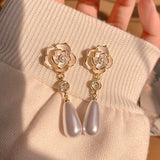 14k Plated Camellia Flower Pearl Earrings for Women