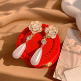 14k Plated Camellia Flower Pearl Earrings for Women