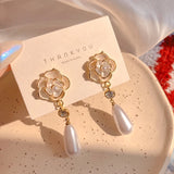14k Plated Camellia Flower Pearl Earrings for Women