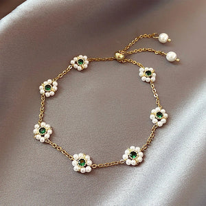 14k Real Emerald Pearl Flower Bracelet for Women Girl High Jewelry