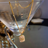 Letter M Square Chain Necklace for Women Zircon Pendant Jewelry