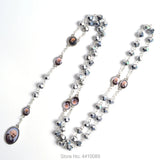 Faceted Polygon Metal Beads Rosary Necklace with St Pio Centerpiece