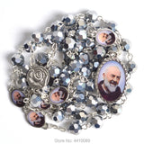 Faceted Polygon Metal Beads Rosary Necklace with St Pio Centerpiece
