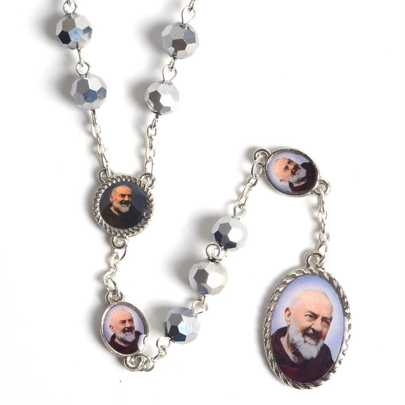 Faceted Polygon Metal Beads Rosary Necklace with St Pio Centerpiece