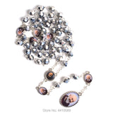 Faceted Polygon Metal Beads Rosary Necklace with St Pio Centerpiece