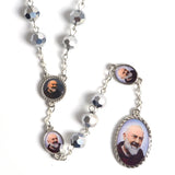Faceted Polygon Metal Beads Rosary Necklace with St Pio Centerpiece