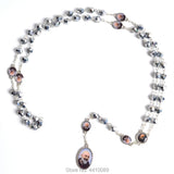 Faceted Polygon Metal Beads Rosary Necklace with St Pio Centerpiece