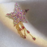 Cubic Zircon Star Crown Tassel Brooches Female Cardigan Freshwater Pearl Fan