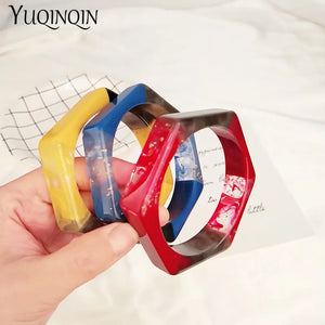 Resin Cuff Bracelet Hexagon Geometric Bangle Mix Colors Girl Jewelry