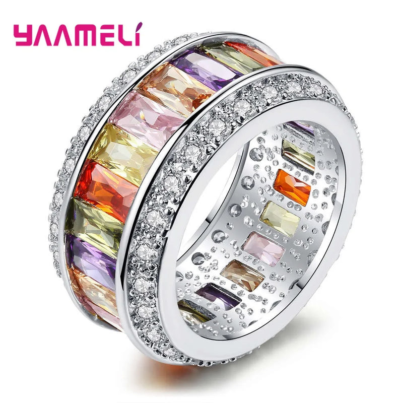 Bohemian Rainbow Baguette Crystal Ring 925 Sterling Silver Christmas Gift