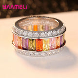 Bohemian Rainbow Baguette Crystal Ring 925 Sterling Silver Christmas Gift