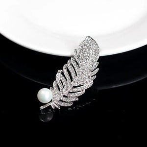 Dainty Silver Crystal Feather Brooch Zircon Stone Pin