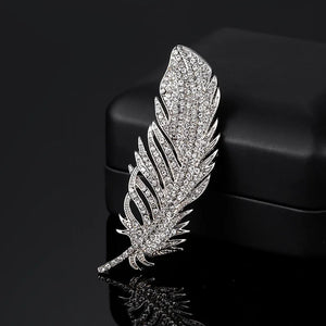 Dainty Silver Crystal Feather Brooch Zircon Stone Pin