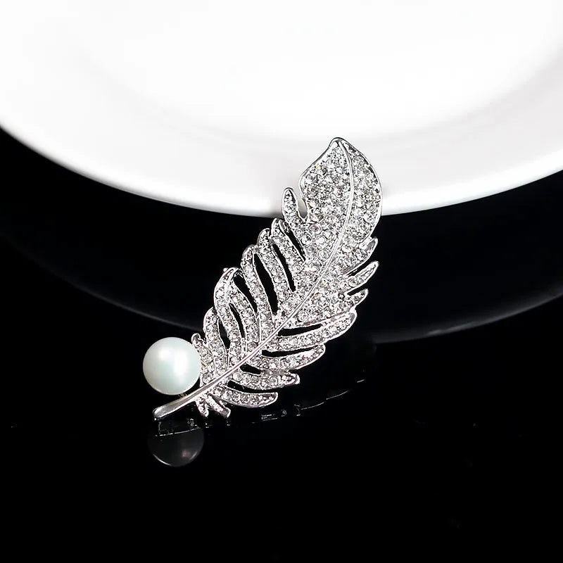 Dainty Silver Crystal Feather Brooch Zircon Stone Pin