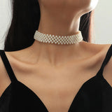 Geometric Grid Beaded Choker Necklace Simulated Pearl Jewelry