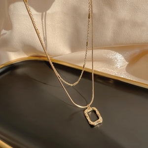 14K Real Double Layer Square Chain Pendant Necklace for Women