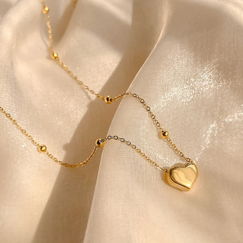 14K Real Heart Shaped Chain Pendant Necklace for Women Jewelry