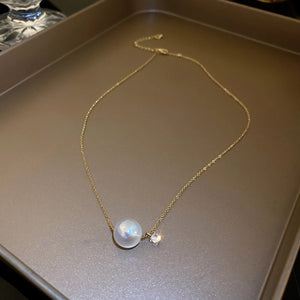 14K Gold Plated Pearl Pendant Necklace for Women - Zircon Accent