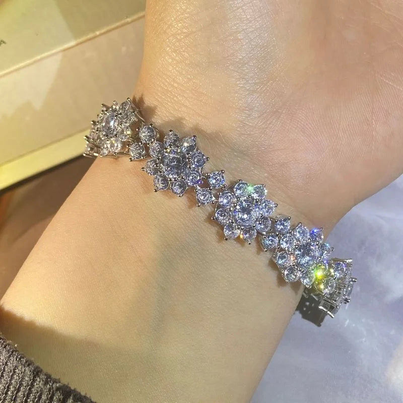 Flower Diamond Bracelet 925 Sterling Silver Wedding Bangle