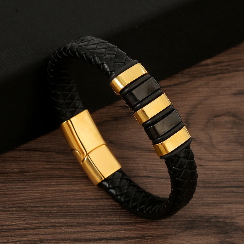 Men's Frosted Magnetic Buckle Charm Bracelet Leather Braided Rock Jewelry