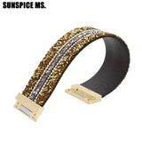 Rhinestone Leathers Cuff Bracelet Bohemia Magnetic Clasp Crystal Spring